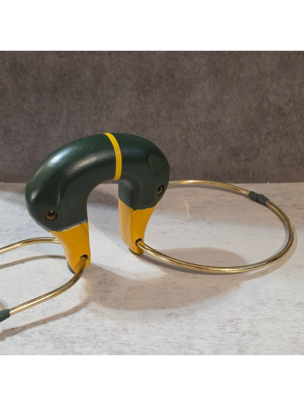 Vintage Mallard Duck Double Ring Tie Belt Rack Wood Brass Closet Organizer 1980s